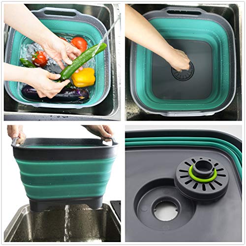 SAMMART 10L (2.64 Gallon) Collapsible Dishpan with Draining Plug - Foldable Washing Basin - Portable Dish Washing Tub - Space Saving Kitchen Storage Tray (1, Grey/Turquoise Blue) - color: Grey/Turquoise Blue