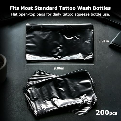 ZHOOGE Tattoo Wash Bottle Bags Tattoo Supplies, 200Pcs 9.8 x 5.9 in, Black - color: Black 200