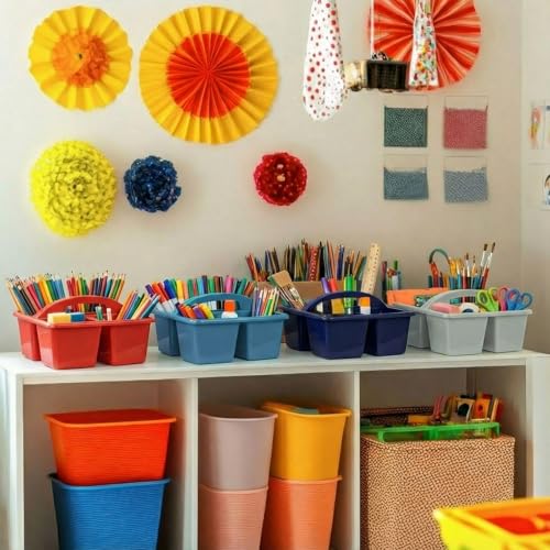 Kathfly 4 Pack Classroom Caddy Organizer with Handle, Plastic Art Craft Cleaning Caddy Bulk, Small Multipurpose Supply Organization Storage Basket for Table Desk Office Pencil Teacher (Blue Orange) - color: Blue Orange