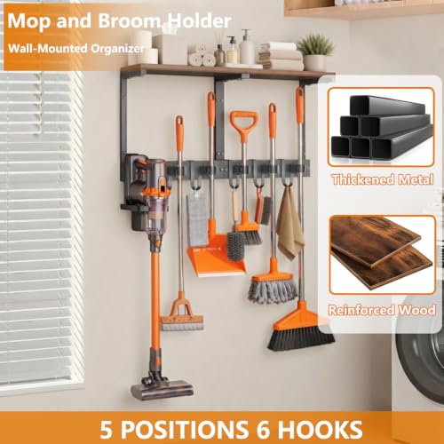 Mop and Broom Holder Wall Mount with Cleaning Supplies Organizer