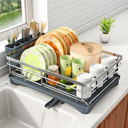 SAYZH Dish Drying Rack for Kitchen Counter with Utensil Holder, Silver - color: Silver