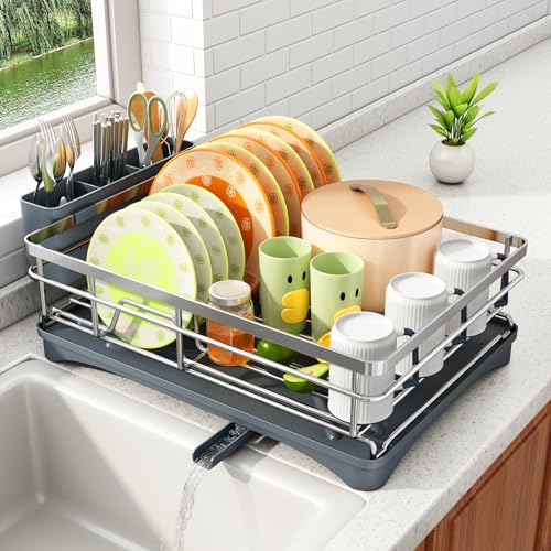 SAYZH Dish Drying Rack for Kitchen Counter with Utensil Holder, Silver - color: Silver