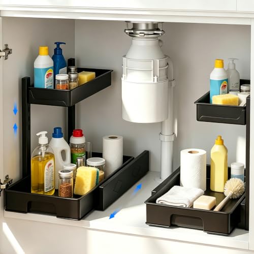 BLULEE 2 Pack Under Sink Organizer, Adjustable Pull Out Storage Rack