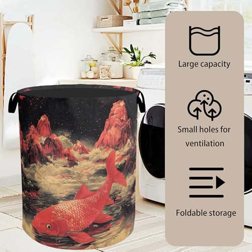 Japanese Style Red Fish Laundry Basket - Heavy Duty 60L Dirty Clothes Organizer, Water Resistant Foldable Hamper for Men Women - color: Japanese Style Red Fish