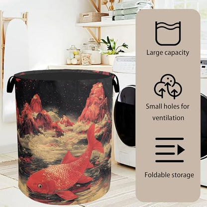 Japanese Style Red Fish Laundry Basket - Heavy Duty 60L Dirty Clothes Organizer, Water Resistant Foldable Hamper for Men Women - color: Japanese Style Red Fish