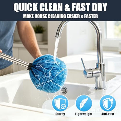 9FT Cobweb Duster with Extension Pole, Stiff Bristles & Adjustable Handle – Lightweight Dust Cleaner for Ceiling, Walls, Vents, Eaves – Indoor & Outdoor Use, Reusable Washable Head, Cleans Up to 16FT - size: 9 FT