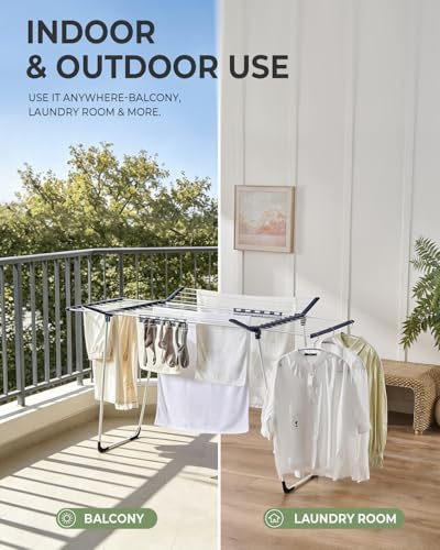 JS HANGER Extendable Clothes Drying Rack with Fold-Out Wings & Sock Clips, Expands from 41" to 67", Extra Wide Laundry Drying Rack Indoor Outdoor, Folding Rack for Clothes, Towels & Delicates - color: White-extendable & Fold Out Wings