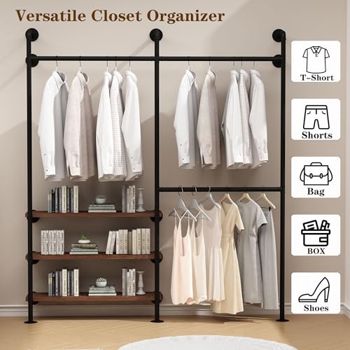 HOMEKAYT Industrial Pipe Clothes Rack,Wall Mounted Clothing Rack with Shelves, Heavy Duty Multi-Purpose Storage Clothes Hanging Shelf - 70.8''L Black - color: black, size: 70.8''L-B