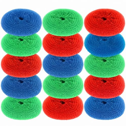 Blulu 15 Pcs Plastic Dish Scrubbers, Nylon Mesh Pads, Primary Colors - color: Primary Colors