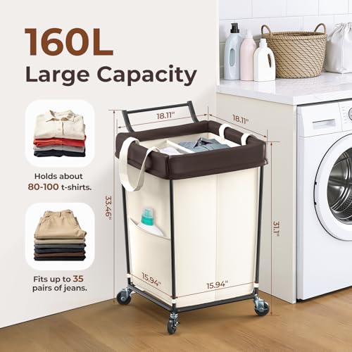 Rolling Laundry Hamper with Wheels and Handle, 160L Rolling Laundry Basket - color: Beige, size: 160L-with handle