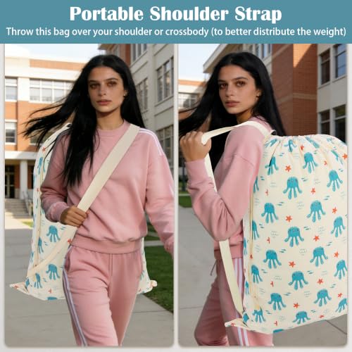 Canvas Laundry Bag with Shoulder Strap & Drawstring, 23"W x 29"H, Octopus - color: Kawaii Octopus