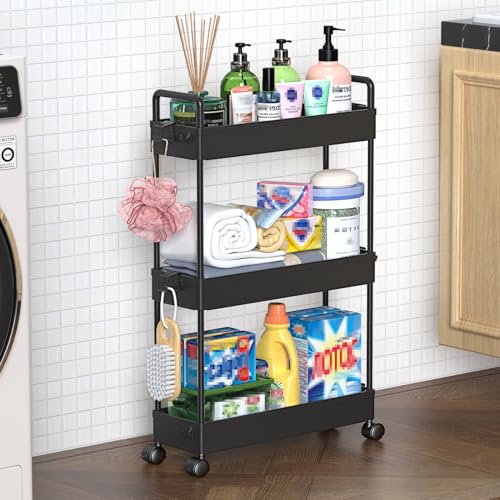 SOLEJAZZ Slim Rolling Storage Cart Skinny Bathroom Organizer, 3 Tier, Black - color: Black, size: 3-Tier, 4.76"D