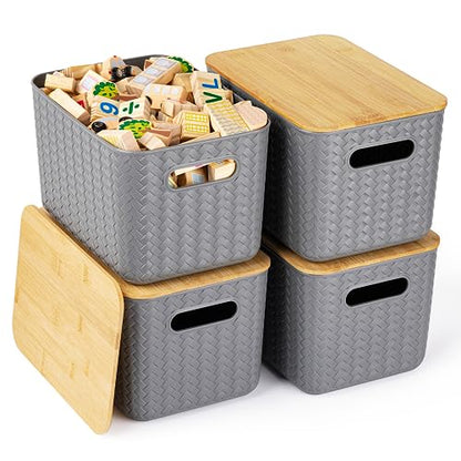 Ohmlove 4 Pack Storage Bins with Bamboo Lids,Stackable Box for Organization - color: Gray