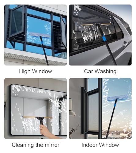 Swivel Squeegee Kit with 4 Extension Poles,Glass Scraper, Bendable Duster, 2 Window Scrubber Cloth for Glass, Car, Floor, Home,Garden - color: Black