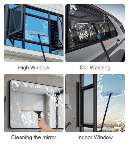 Swivel Squeegee Kit with 4 Extension Poles,Glass Scraper, Bendable Duster, 2 Window Scrubber Cloth for Glass, Car, Floor, Home,Garden - color: Black