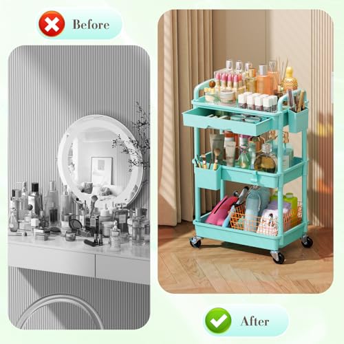 SUNALLY Makeup Cart Organizer with Drawer, 3 Tier Rolling Makeup Cart, Blue - color: Blue, size: 3 Tier