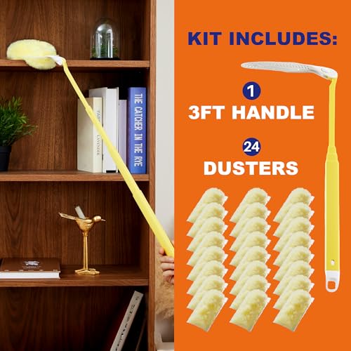 JOYMOOP Scented Telescopic Duster kit, 3FT Extendable Handle (Yellow) + 24 Yellow Refills for Swiffer Feather Duster,Easy Cleaning for Ceilings, Ceiling Fans, Blinds, Vents & Shelves - color: Yellow[extendablehandle]*1+yellow[refills]*24