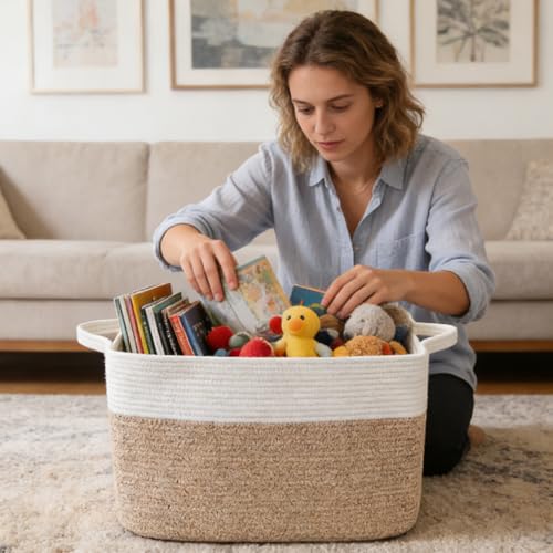 65L Laundry Basket with Handles, Woven Blanket Basket, White/Brown - color: White & Brown, size: 65L