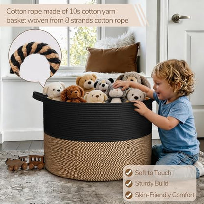 INDRESSME 115L Extra Large Woven Rope Blanket Basket Living Room, Mix Black - color: Black & Mix Camel, size: 23.6"D x 15.7"H