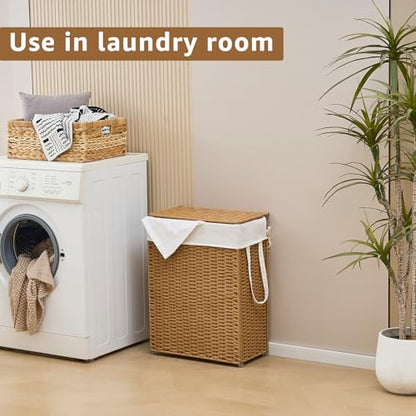 Slim Laundry Hamper with Lid, Handwoven Natural Water Hyacinth Basket - color: Brown, size: 65L