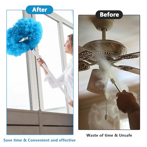 LUCKY-M Ceiling Fan Cleaner Duster, Removable Microfiber Ceiling Fan Blade Cleaner Reusable Duster with Extension Pole Adjusts 33 to 57.1 in for Cleaning Bookshelves Wall Door Window Top (Blue)