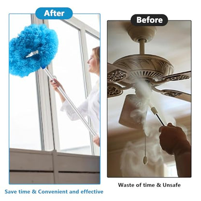 LUCKY-M Ceiling Fan Cleaner Duster, Removable Microfiber Ceiling Fan Blade Cleaner Reusable Duster with Extension Pole Adjusts 33 to 57.1 in for Cleaning Bookshelves Wall Door Window Top (Blue)