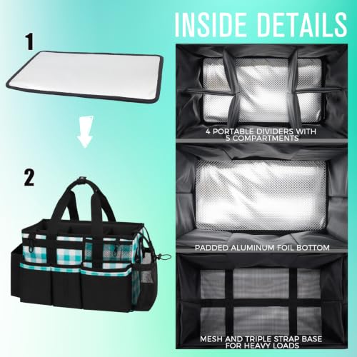 SCAVATA Wearable Cleaning Caddy, Cleaning Caddy Supplies Organizer with Handle & Shoulder Straps for Housekeepers, Under Sink & Car Cleaning Tool Organizers Bag with 4 Foldable Divider (BluePlaid) - color: BluePlaid