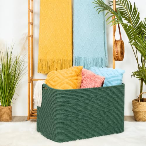 MINTWOOD Design 112L Extra Large Blanket Basket Holder Living Room, 25"x17"x16" Rectangle Rope Woven Storage Basket with Handles for Laundry, Towels, Shoes, Dog Toy Organizer Bin Box, Green - color: Forest Green