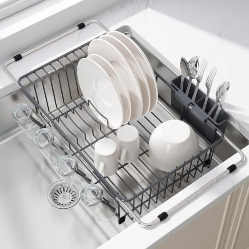 JASIWAY Gray Dish Drying Rack in Sink, Dish Drainer with Utensil Holder - color: Dark Gray, size: For 12"-30"w Sink