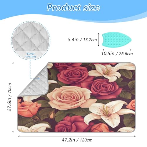 Roses and Lily Flowers Ironing Mat Thickened Ironing Blanket Travel Portable Double-Side Using Ironing Pad Travel Isolate Heat Pad Cover for Washer Dryer Table Top Countertop 27.6x47.2in - color: Roses and Lily Flowers
