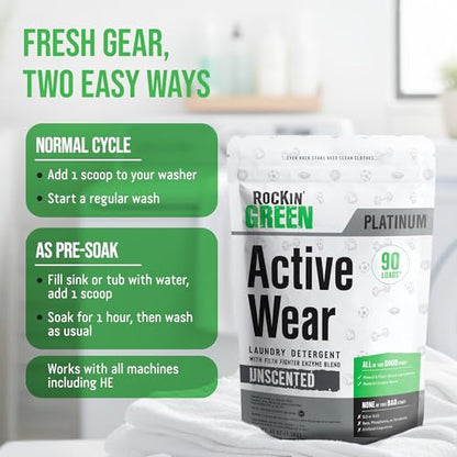 Rockin' Green Active Wear Laundry Detergent Powder & Odor Eliminator for Sportswear & Workout Clothes, Plant-Based Enzymes Target Sweat & Odor, Dermatologist Tested, Unscented, 90 Loads - size: 90 Loads