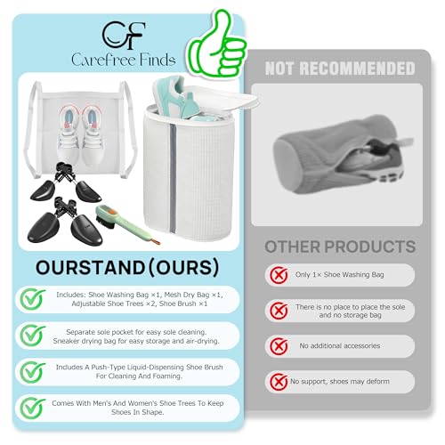 Upgraded Dual Compartment Design Shoe Bag for Washing Machine with Adjustable Shoes Trees& Sneaker Dryer Bag, 420g Heavy-Duty Shoe Washing Machine Bag, Clasp-Lock Zipper for Maximum Protection