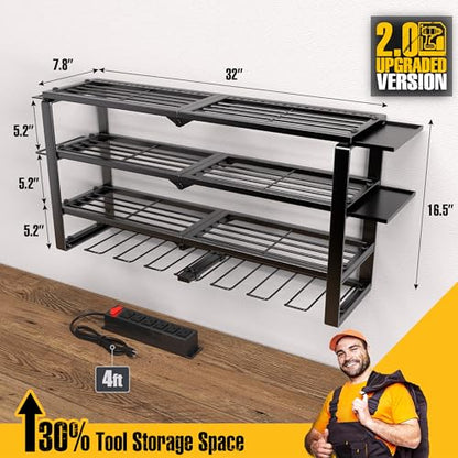 Spampur 420LB Capacity Power Tool Organizer with Charging Station & 6 Outlets | Quick Assembly 4-Layer Heavy Duty Rack for Drills & Batteries | Ultimate Garage Storage & Christmas Gift for Men - size: 4 shelves 8 slots (single) with power strip