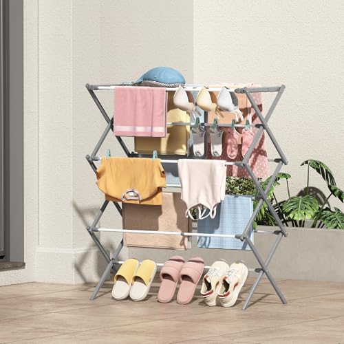 KINGBOARD 3-Tier Extendable Clothes Drying Rack, Foldable, White & Grey - color: White&grey