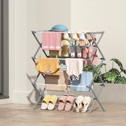 KINGBOARD 3-Tier Extendable Clothes Drying Rack, Foldable, White & Grey - color: White&grey