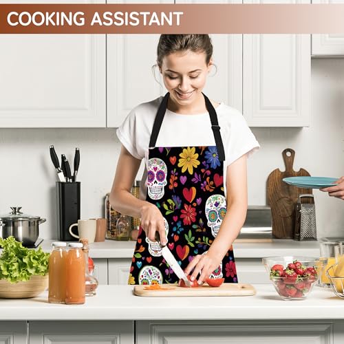 Cooking Aprons for Men and Women,Adjustable Bib Chef Apron with 2 Pockets, Soft and Durability Kitchen Apron - color: Mexican Skull Sugar Skull Day of the Dead