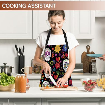 Cooking Aprons for Men and Women,Adjustable Bib Chef Apron with 2 Pockets, Soft and Durability Kitchen Apron - color: Mexican Skull Sugar Skull Day of the Dead