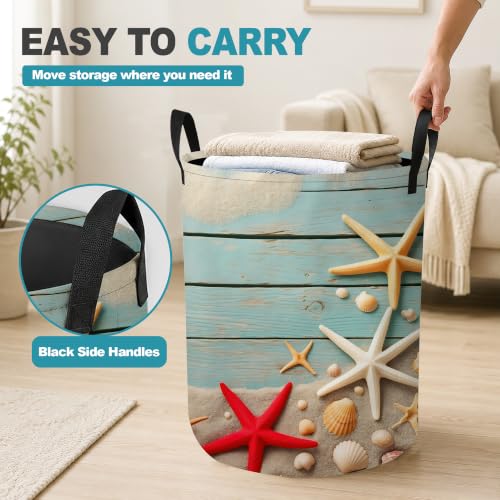Starfish Seashell Collapsible Laundry Hamper,Blue Coastal Beach Waterproof Oxford Cloth Clothes Basket with Handles for Bathroom Bedroom Nursery Dorm Room,16" x 20" - color: Starfish Seashell,Blue Coastal Beach