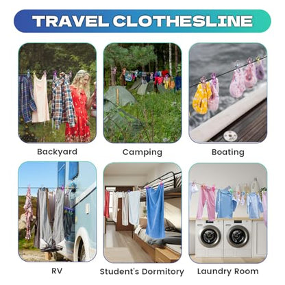 2Pcs Multicolor Portable Travel Clothesline with 12 Clothespins