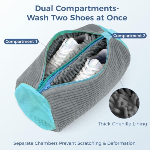 Shoe Washing Machine Bag for Sneakers, Double Compartment Shoes Laundry Bag with Chenille Microfiber, Durable Mesh Shoe Wash Bag for Washer & Dryer, Sneaker Cleaner for Running, Tennis & Kids Shoes - color: Grey