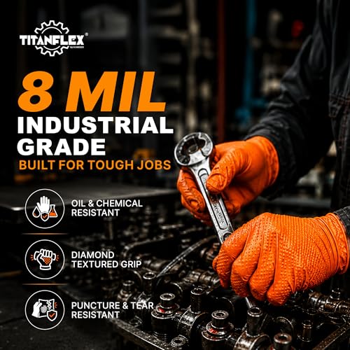 TitanFlex Heavy Duty Industrial Orange Nitrile Gloves, 8-mil, Gloves Disposable Latex Free with Raised Diamond Texture Grip, Powder Free, Rubber Glove, Mechanic Gloves,1000-ct Case (Large) - color: 03 8mil (1000ct), size: Large