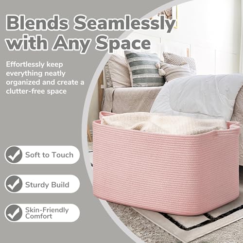 Goodpick Large Woven Rope Blanket Basket, Rectangle, Pink, 75L - color: Pink, size: Large(21.6"L x 14.9"W x 11.8"H)