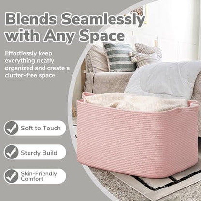 Goodpick Large Woven Rope Blanket Basket, Rectangle, Pink, 75L - color: Pink, size: Large(21.6"L x 14.9"W x 11.8"H)