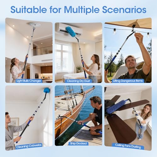 20FT Reach Light Bulb Changer for High Ceilings with 3.4-12.4FT Telescopic Extension Pole, 11PCS Reusable High Ceiling Fan Duster Kit for Recessed Lights, High Ceiling Window Cleaning