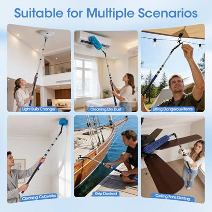 20FT Reach Light Bulb Changer for High Ceilings with 3.4-12.4FT Telescopic Extension Pole, 11PCS Reusable High Ceiling Fan Duster Kit for Recessed Lights, High Ceiling Window Cleaning