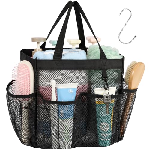 Mesh Shower Caddy Portable - 8 Pockets, S-Hook, Shower Bag for Dorm Camping - color: 1 Pack L Black, size: L (Classic Dorm Caddy)