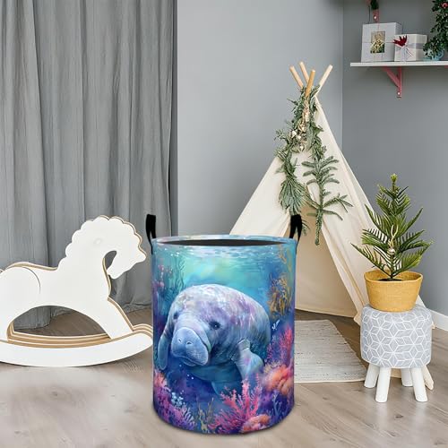 Cute Manatee Laundry Basket Hamper for Boys Girls Kids Adults, Foldable Waterproof Oxford Clothes Storage Bin, Marine Animal Organizer for Bedroom Bathroom Room Decor 19.7"x15.7" - style: Manatee