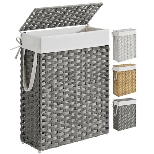 SONGMICS Laundry Hamper with Lid, 14.5 Gal (55 L) Synthetic Rattan,Foldable - color: Dove Gray, size: 55 L