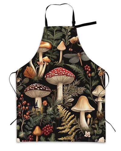 Cooking Aprons for Men and Women,Adjustable Bib Chef Apron with 2 Pockets, Soft and Durability Kitchen Apron - color: Mushroom Berry Dragonfly Forest