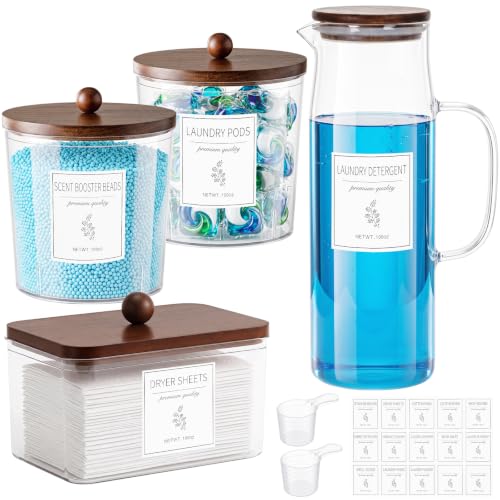 Acrylic Laundry Pod Containers and Dryer Sheet Holder & Glass Laundry Detergent Dispenser with Handle, Labels, and Spoons, for Laundry Room Organization and Storage (4 Pack, Brown) - color: Brown